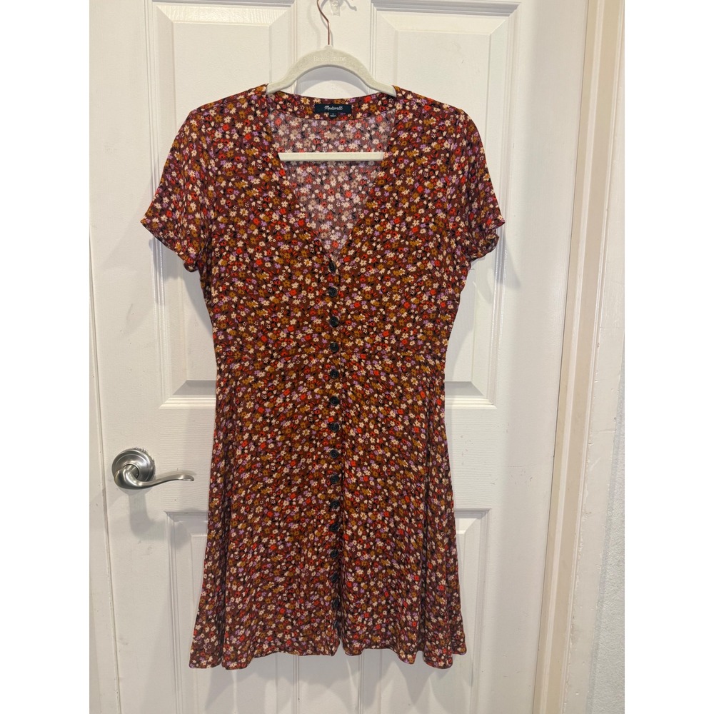 Madewell Brown Floral Button Front V-Neck Short Sleeve Mini Dress Size 4